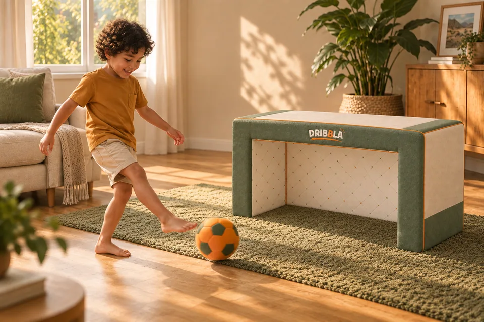 Hora do chute: criança brincando com o gol Dribbla